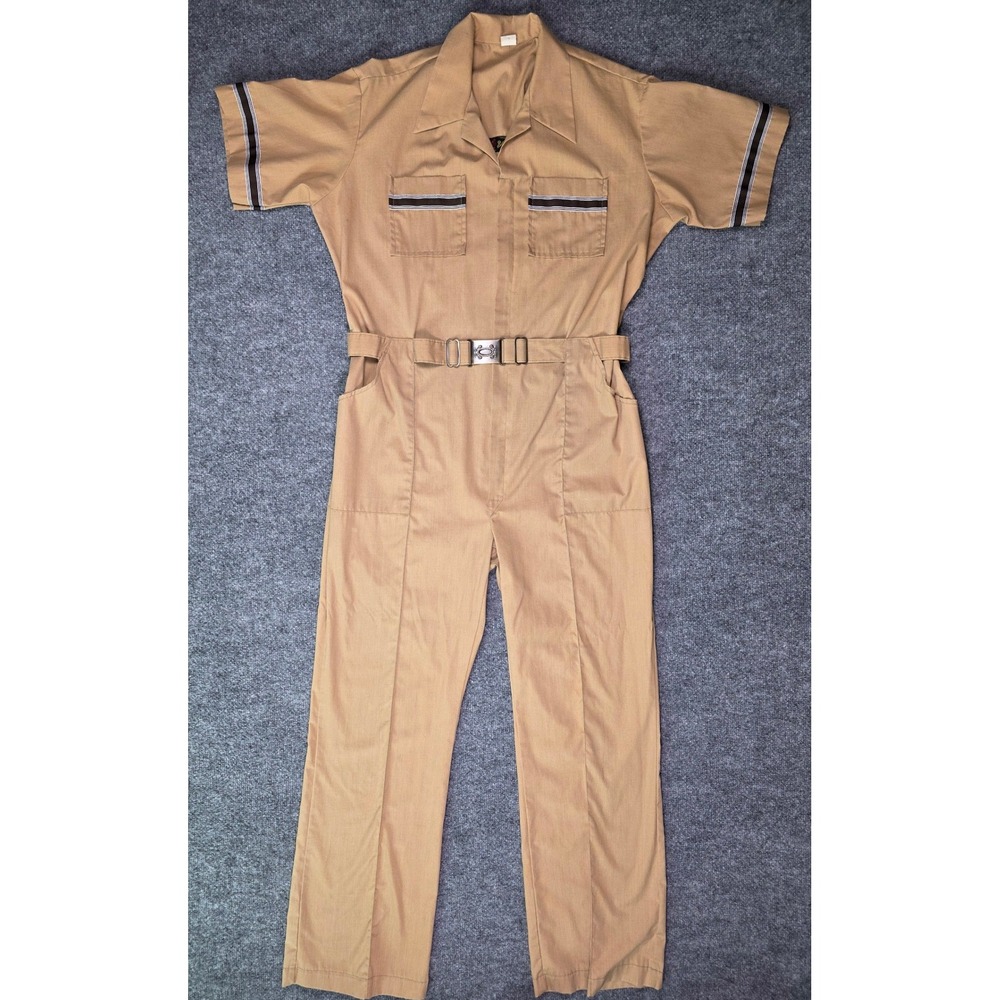 Vintage Bill Parry Jumpsuit Mens L Tan Short Sleeve Belted Pasadena Coveralls